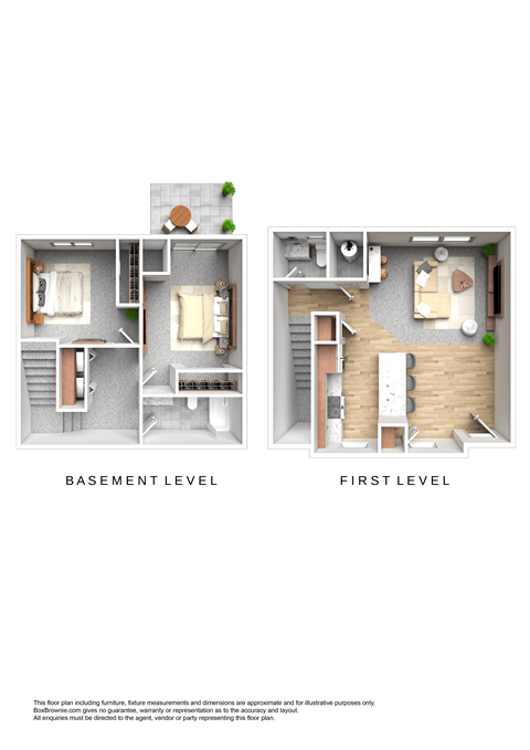 two dimensional rendering of 2 bedroom floor plans with first level and basement